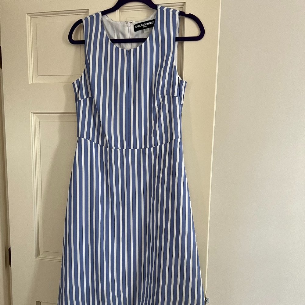 Karl Lagerfeld V-Neck Blue & White Stripe Dress with Pockets